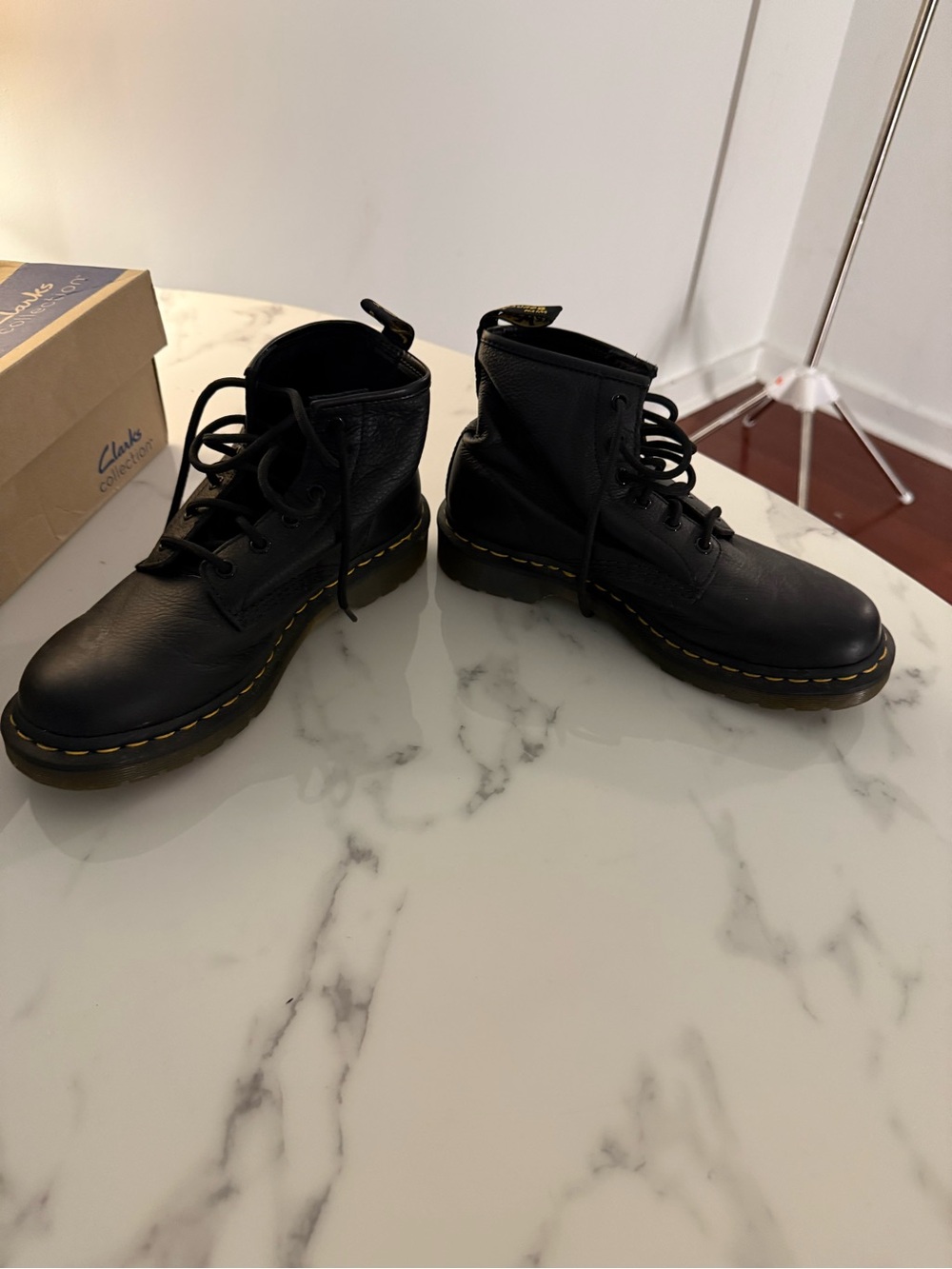 Dr. Martens Black Leather Lace-Up Boots with Yellow Stitching - Picture 4 of 7